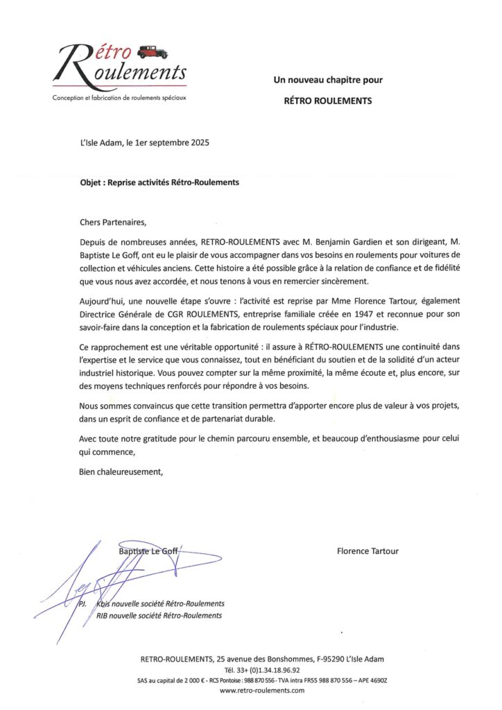 Courrier reprise de rétro Roulement septembre 2025